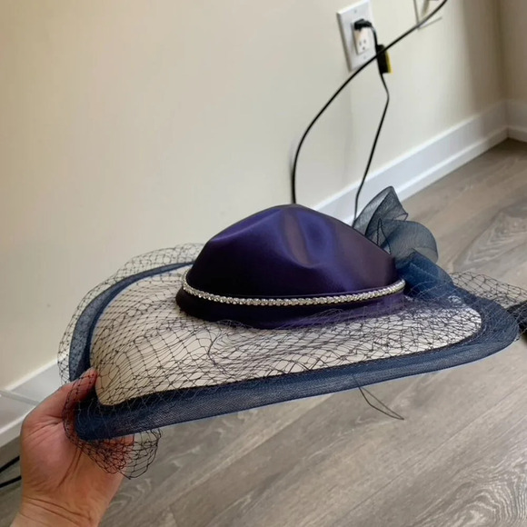 Womens Vintage 80s 90s Hat Wedding Navy Blue - Picture 3 of 3